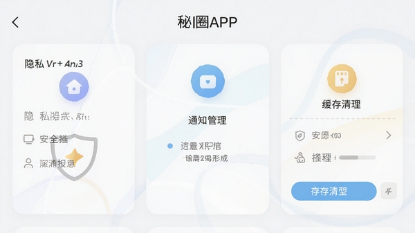 秘圈APP设置界面截图,展示隐私设置、通知管理、缓存清理等选项,界面采用卡片式设计,色彩柔和,突出安全与便捷性
