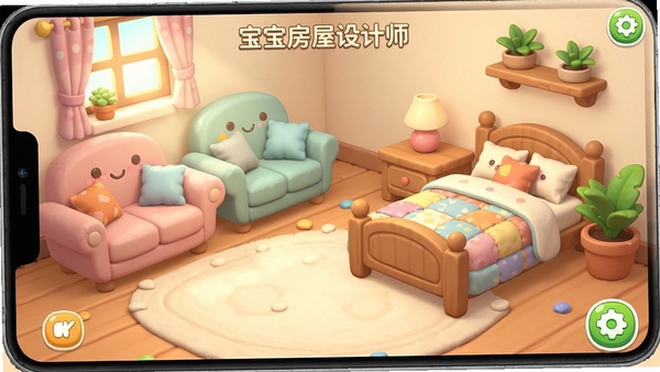 宝宝房屋设计师游戏中的家具装饰界面,展示各种可爱的沙发、床铺和植物摆件,画面温馨