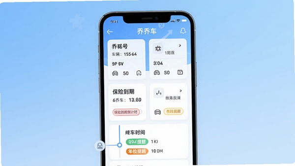 乔乔车APP爱车档案管理界面截图,展示多车辆信息卡片与养车时间轴提醒功能,手机屏幕中清晰显示车辆型号、保险到期倒计时和年检提醒标签,背景为淡蓝色渐变,整体风格简洁现代