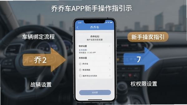 乔乔车APP新手操作指引示意图,展示手机屏幕中车辆绑定流程和权限设置界面,画面中有明显的步骤箭头和提示文字,软件名称乔乔车出现在顶部导航栏