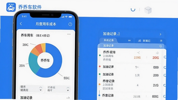 乔乔车APP养车记账功能展示图,手机屏幕显示月度用车成本饼状图和加油记录列表,界面中有乔乔车软件名称标识,配色以蓝白为主,突出数据可视化图表