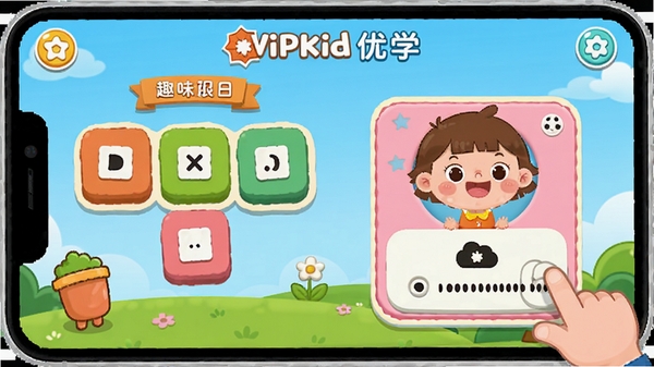 VIPKID��ѧ������չʾȤζӢ��ѧϰ��Ϸ���棬������קƴ�ʺ������������ܣ�ɫ�����ޣ���ͨ����ʺ϶�ͯʹ�ã�����Ԣ�����ֵ�ѧϰ��ʽ