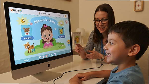 VIPKID��ѧ�����б�����������뺢�ӽ���һ��һ��Ƶ�����ĳ�������Ļ��ʾȤζӢ��μ����������Ц�ݣ�������ܰ��ͻ������Ӣ��ѧϰ�ĳ������뻥����