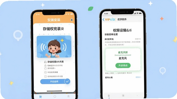 VIPKID��ѧ����ʹ�ý̳�ʾ��ͼ��չʾ�ֻ��˰�װ�����Ȩ�����ý��棬�����洢Ȩ�޺���˷�Ȩ�޿�����ʾ���������������ʺ������û��ο�