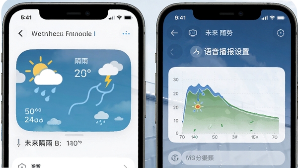 AI天气播报在手机桌面显示天气小组件与语音播报设置界面,用户正在查看未来降雨趋势图