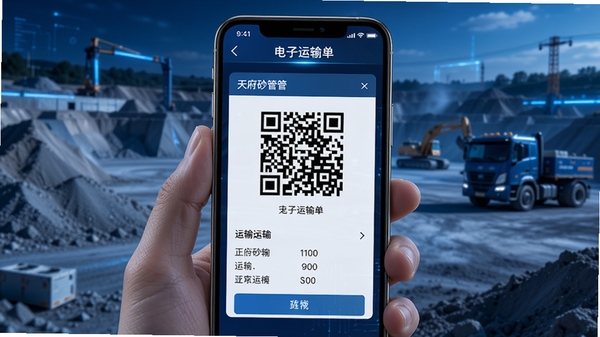 天府砂管app电子运输单生成界面,手机屏幕显示二维码与运输信息,背景为砂石场,科技感蓝色调,高清写实风格