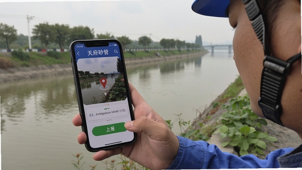 天府砂管app巡检上报功能演示,工作人员在河道边使用手机拍照取证,画面包含定位图标与上报按钮,写实新闻风格