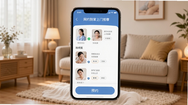 网约到家上门按摩软件首页界面展示,手机屏幕中显示技师列表和预约按钮,背景为温馨家居环境,风格清新明亮,突出同城上门服务主题