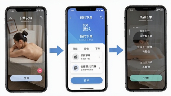网约到家上门按摩App操作流程图,展示从下载安装到预约下单的完整步骤,用手机截图和箭头标注关键操作,风格简洁明了