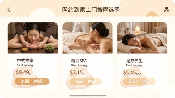 网约到家上门按摩App服务项目选择页面,展示中式推拿、精油SPA、足疗养生等多项服务卡片,每张卡片标注价格和时长,界面整洁,配色温暖舒适