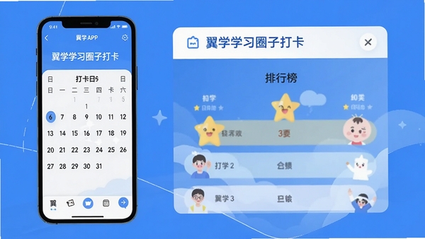 翼学学习圈子打卡功能界面,显示打卡日历和排行榜,翼学APP界面元素,扁平化设计风格