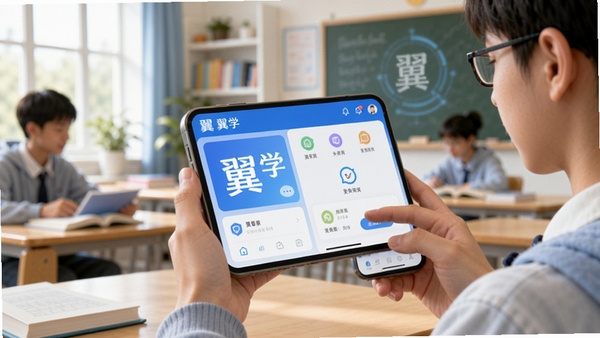翼学应用主界面展示,明亮的学习场景,学生使用手机进行互动学习,界面简洁友好,带有翼学logo,科技感与教育氛围结合