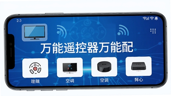 万能遥控器万能配软件界面展示图,手机屏幕显示电视、空调、机顶盒等多种家电遥控图标,简洁清爽的UI设计,科技感蓝色调背景,突出手机红外遥控功能,画面中央展示软件名称“万能遥控器万能配”