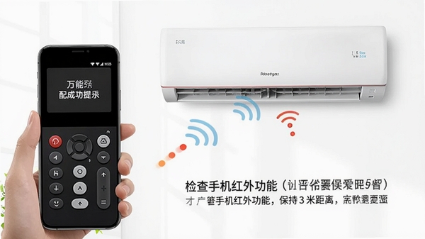 万能遥控器万能配使用教程示意图,手机对准空调按下遥控按键,屏幕显示配对成功提示,旁边有检查手机红外功能、保持3米距离等提示文字,简洁明了的操作指引风格