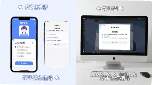 ��ѧ�ǿ�APP���ֻ��͵���ģ�����ϵ�ʹ�ó����Ա�ͼ��չʾ��װ�����Ȩ�����ý��棬ͻ�����ֲ���ָ��