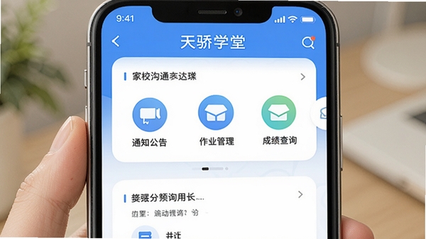 �콾ѧ�üҳ���������չʾ���ֻ���Ļ��ʾ��У��ͨ����ģ�飬����֪ͨ���桢��ҵ�������ɼ���ѯ��ͼ�꣬������µ�UI��Ʒ����ɫ��ɫ�����ʺϼҳ�ʹ�õĽ�����APP����