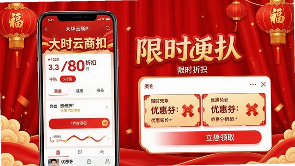 ������APP�����ҳ�棬չʾ��ʱ�ۿ����Ż�ȯ��ȡ���棬��ɫϲ���Χ���