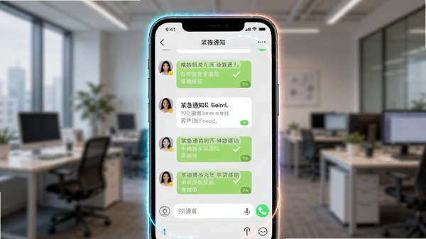 ����app��ʱͨѶ�����ͼ����ʾȺ���з��͵Ľ���֪ͨ�����Ѷ���ִ��ǣ��ֻ���Ļ��Χ�з���Ч��������Ϊ�黯�İ칫�ҳ���