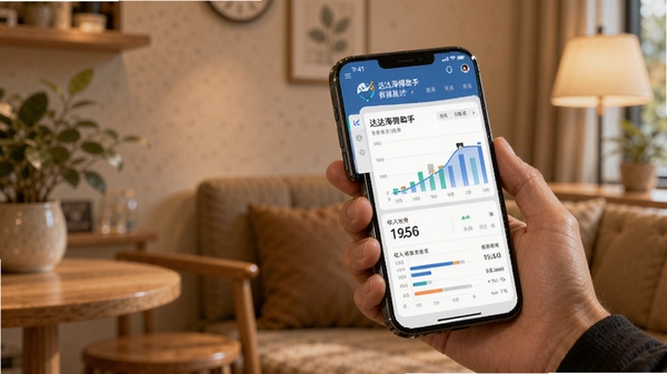 达达海博助手数据统计界面AI生图,手机屏幕显示柱状图与收入曲线,骑手手持手机查看数据,背景为温馨的室内环境,写实风格
