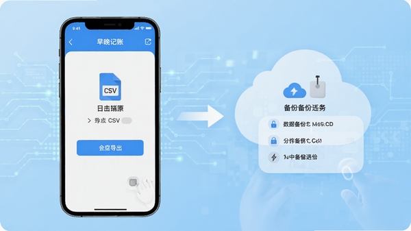 早晚记账APP数据导出和备份操作示意图,展示手机屏幕中导出CSV文件的步骤界面,以及云备份选项,背景为科技感浅蓝色调