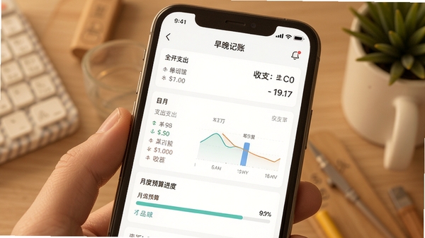 早晚记账APP主界面截图,展示简洁的记账首页和收支概览图表,手机屏幕中显示当日支出明细和月度预算进度条,背景为温馨的浅色系,突出便捷记账的软件特色