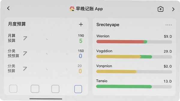 早晚记账APP预算管理界面截图,展示月度预算设置和分类预算进度条,用红黄绿三色标注不同消费状态,体现智能提醒功能