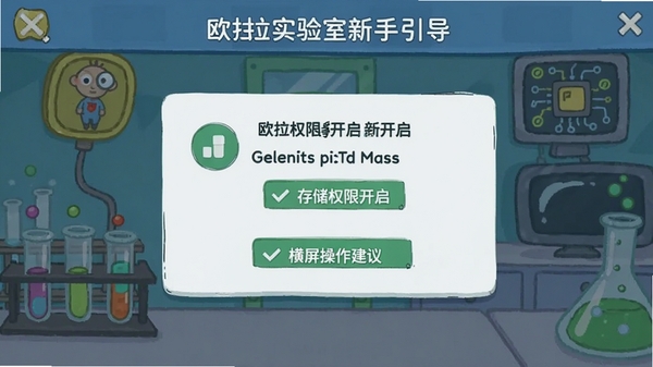 欧拉实验室新手引导界面,屏幕上显示存储权限开启提示和横屏操作建议,背景是卡通风格的实验室场景,有试管和电路图标,界面友好易懂