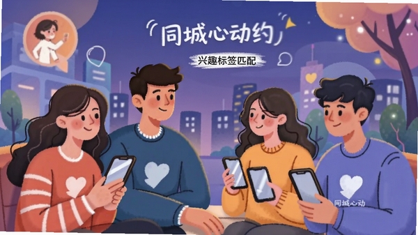 同城心动约 兴趣标签匹配 附近的人 社交场景插画
