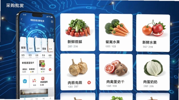 笨熊进货生鲜采购批发手机应用界面展示,新鲜蔬菜水果肉禽蛋奶商品列表,蓝色科技感背景,简洁现代风格