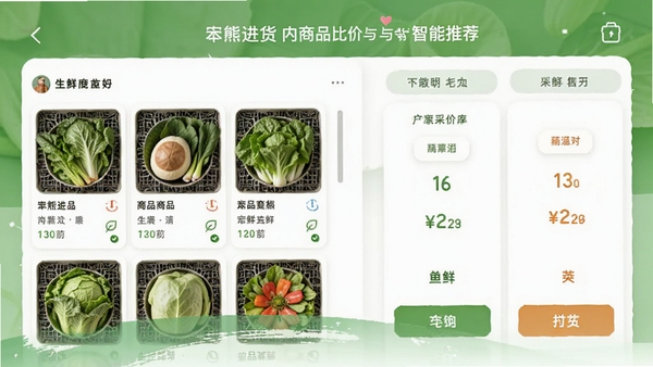 笨熊进货应用内商品比价与智能推荐功能截图,展示生鲜商品列表和价格对比界面,突出便捷采购体验