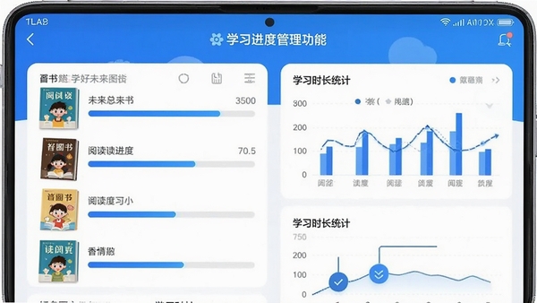 ��δ��ͼ��APPѧϰ���ȹ������ܽ��棬չʾ�౾�鼮���Ķ���������ѧϰʱ��ͳ��ͼ����������ɫ������ɫ��Ϊ����ͻ�����ݿ��ӻ������ܹ����ص�
