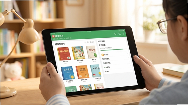 ��δ��ͼ���ֻ�APP����չʾ����Сѧ��ʹ��ƽ������Ķ����ӽ̸�����Ļ���ֺ�δ��ͼ��APP���鼮�����ѧϰ����ҳ�棬������������ܰ�ļ�ͥ�鷿���������������¼�࣬ͻ������ѧϰ����