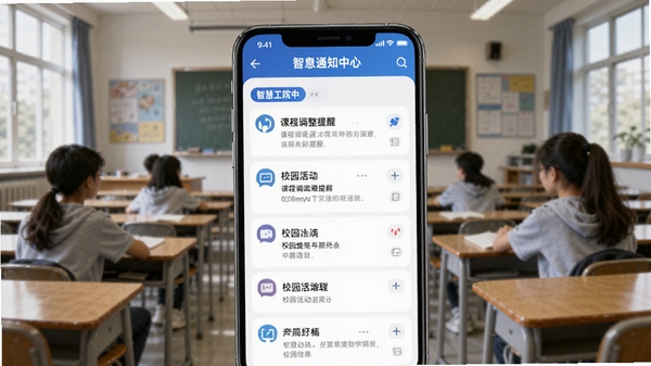 �ǻ۹�ԺAPP��Ϣ֪ͨ���Ľ��棬չʾ�γ̵������Ѻ�У԰����ͣ��ֻ���Ļ����Ϣ�б��������࣬����Ϊ���ҳ����������ǻ۹�Ժʵʱ���ѹ���