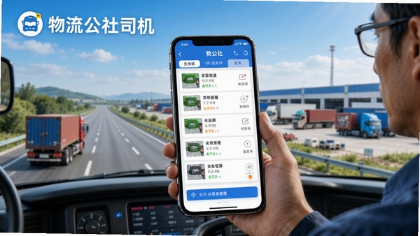 物流公社司机APP官方宣传图,展示货运司机使用手机接单的场景,背景是高速公路和物流园区,画面明亮现代,突出“物流公社司机”品牌标识,包含智能手机界面展示货源列表和地图导航功能