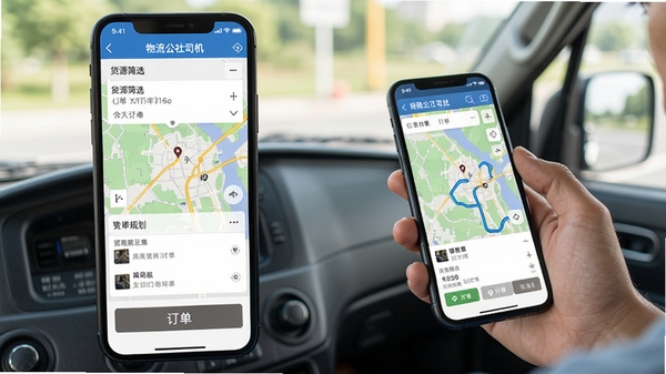 物流公社司机APP移动端操作界面截图,展示货源筛选、抢单按钮和导航路线规划,手机屏幕清晰显示地图和订单信息,旁边有司机手持手机查看的场景