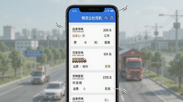 AI生成物流公社司机APP货源列表界面示意图,手机屏幕显示多条货运订单,标注出发地、目的地、货物类型、运费和距离,界面采用蓝白配色,清晰展示“物流公社司机”APP名称