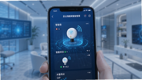 彭云物联智能设备管理界面展示,手机屏幕显示多个智能设备在线状态,蓝色科技感背景,简洁现代风格