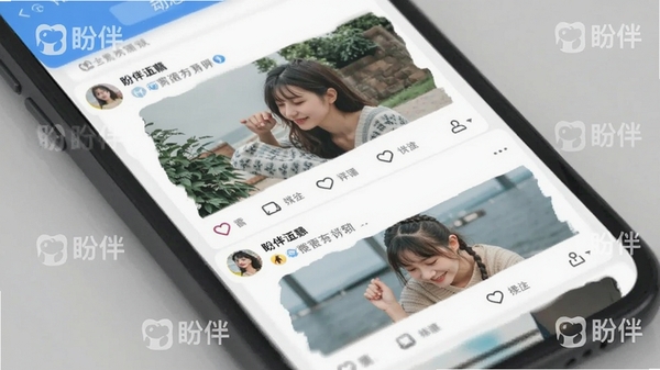 盼伴App动态广场界面展示,手机屏幕中呈现用户发布的图文动态流,界面清新简洁,带有盼伴Logo水印
