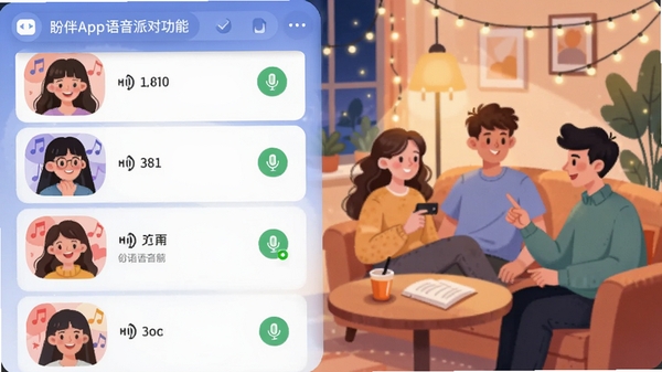 盼伴App语音派对功能截图,展示多人语音房间列表与麦克风状态图标,背景为温馨的社交场景插画