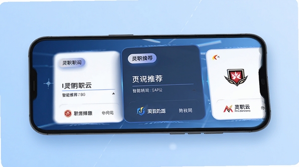 ��ְ��APP�����Ƽ����ܽ��棬չʾ��λ��Ƭ����Ч�����ֻ���Ļ����������ְλ��ǩ�͹�˾Logo������Ϊǳ��ɫ���䣬�Ƽ���ʮ��