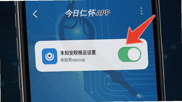 �����ʻ�APP��װȨ������ʾ��ͼ���ֻ���Ļ��ʾδ֪��ԴӦ�ð�װ���ؽ��棬���к�ɫ��ͷָ����AI���ɷ��