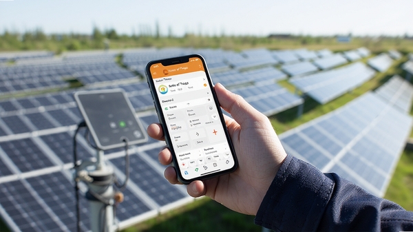 光伏运维人员在户外使用手机查看Solar of Things软件界面的场景图,画面明亮,突出移动端操作便捷性