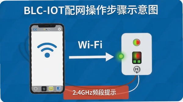 BLC-IOT������������ʾ��ͼ��չʾ�ֻ�����Wi-Fi���豸ָʾ��״̬����ע2.4GHzƵ����ʾ����������׶�