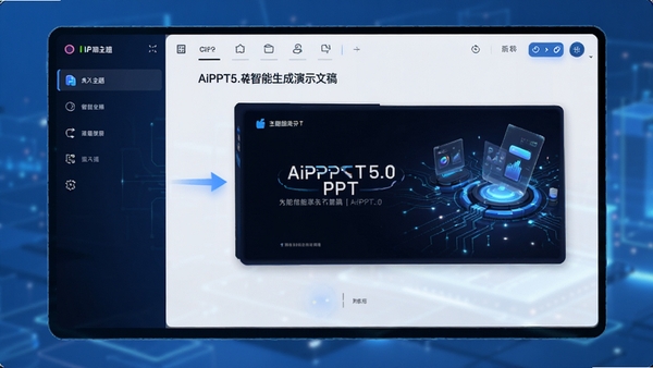 AiPPT5.0����������ʾ�ĸ���棬չʾ����������Զ����ɾ���PPTҳ��Ĺ��̣��Ƽ�����ɫ��������ִ����