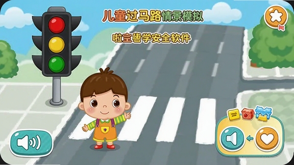 ��ѧ��ȫ�����ж�ͯ����·�龰ģ����棬��ͨС���ڰ�����ǰ�ȴ����̵ƣ���������ʾ��ť�ͻ����������򣬱�����ʿ���廭
