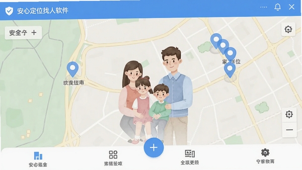安心定位找人软件主界面截图,展示地图上家人位置标记与底部功能菜单,整体风格简洁清晰,突出安全守护主题