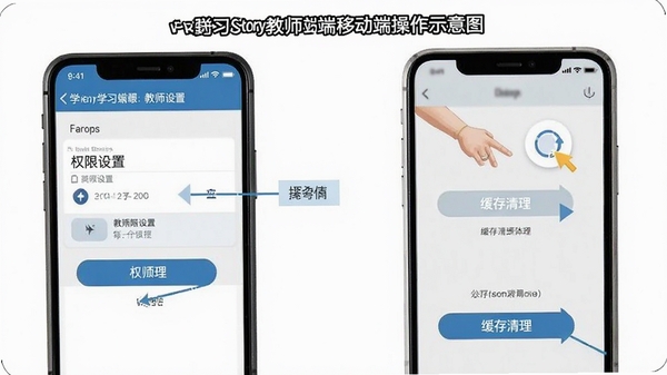 LearningStory教师端移动端操作示意图,展示手机屏幕上安装权限设置界面和缓存清理步骤,画面清晰标注各操作按钮位置,风格简洁实用,适合教程配图使用