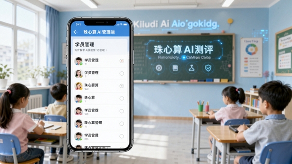 珠心算Ai管理端软件界面展示,手机屏幕上显示学员管理列表和珠心算AI测评功能模块,背景为明亮的教学场景,科技感与教育氛围融合,软件名称清晰可见