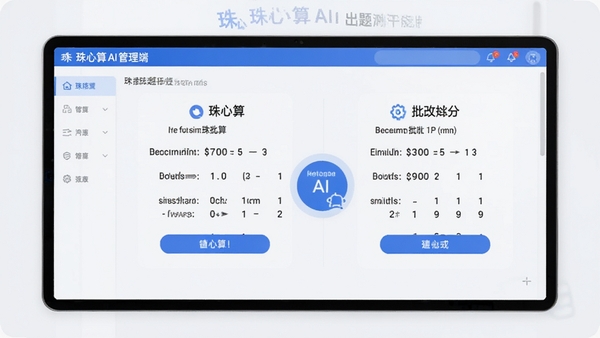 珠心算Ai管理端AI出题测评功能界面,展示珠心算题目自动生成和批改评分过程,界面简洁现代,突出AI智能批改功能,软件名称珠心算Ai管理端出现在画面中