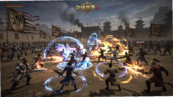 剑侠世界3家族群战场景,数十名玩家同屏战斗,技能特效绚丽,宋金战场旗帜飘扬,气势恢宏